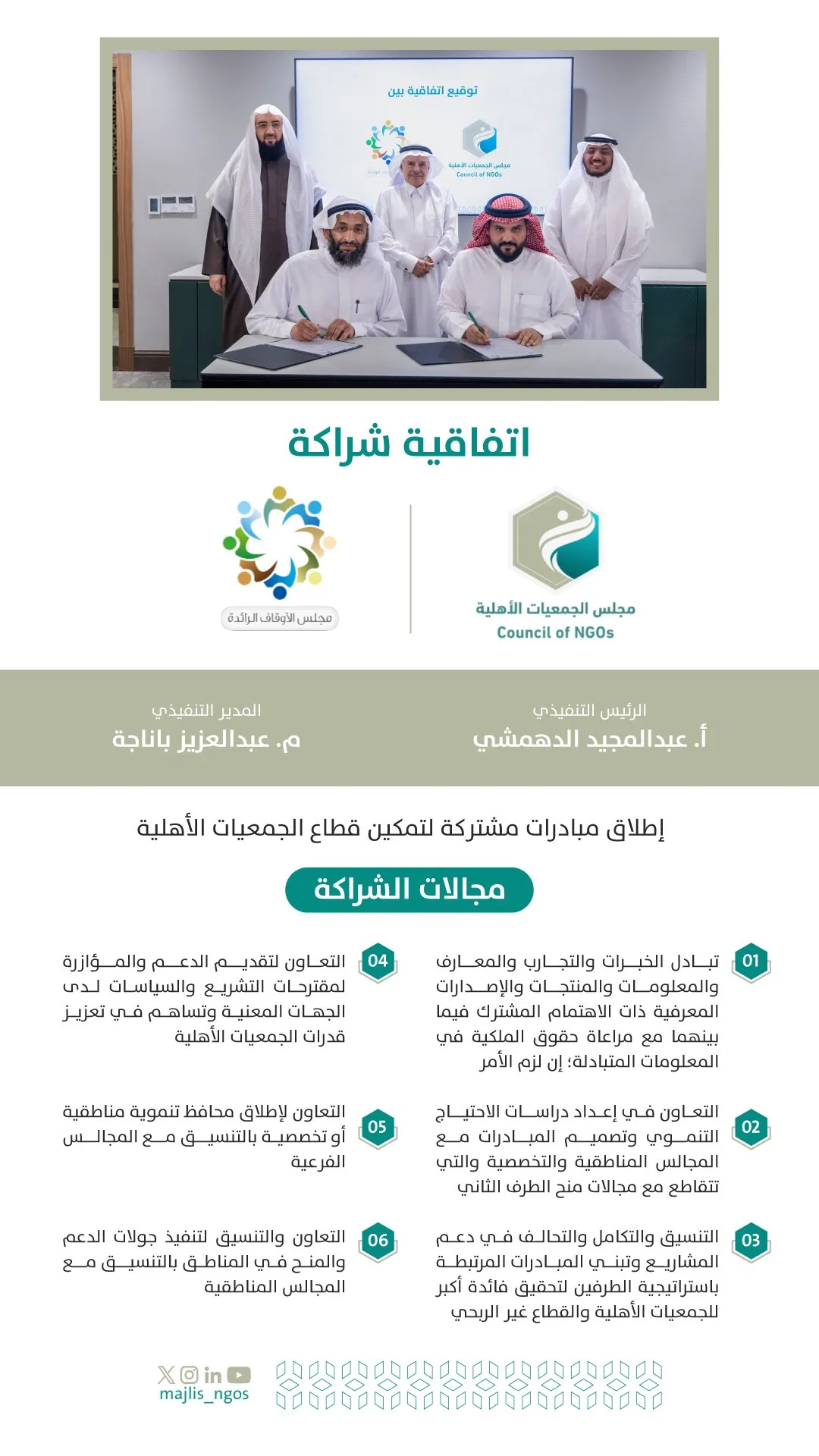 وقع #مجلس_الجمعيات_الأهلية اتفاقية شراكة مع #الأوقاف_الرائدة لإطلاق مبادرات مشتركة لتمكين قطاع الجمعيات الأهلية.