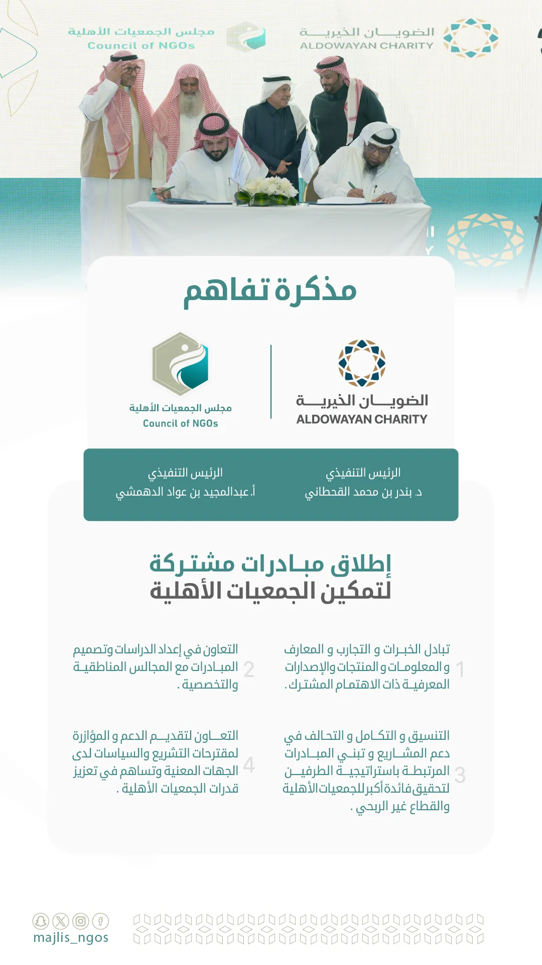 مجلس الجمعيات الأهلية يوقع مذكرة تفاهم مع مؤسسة الضويان الخيرية